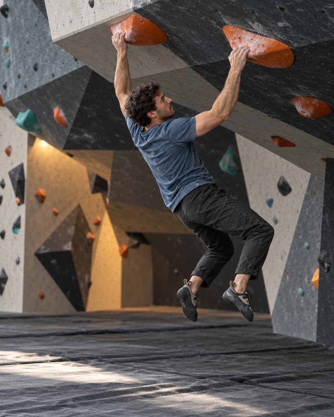 A climber gripping orange holds under a low roof with both feet swinging free
