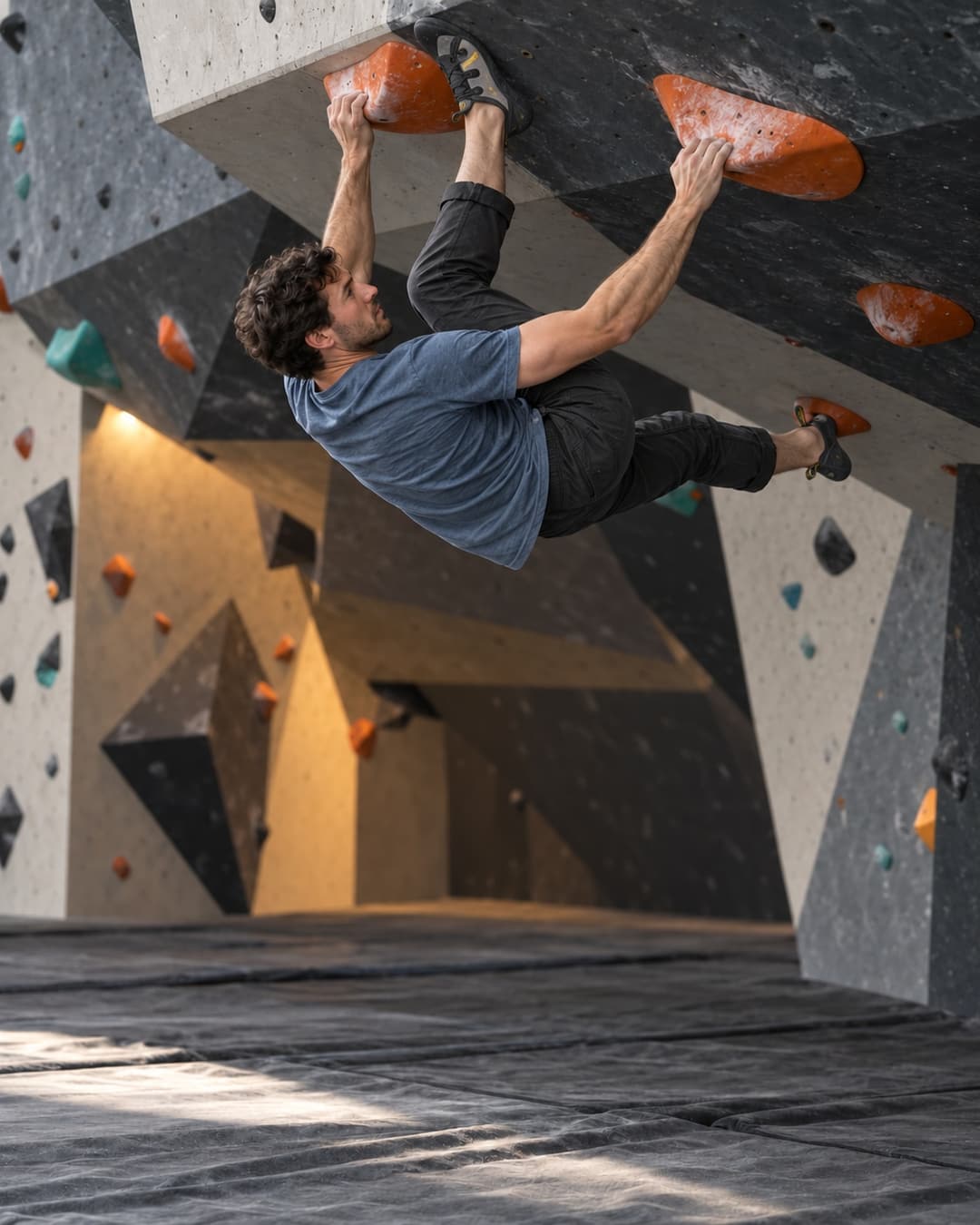 The same climber retrying the roof with a turned hip and a foot hooked onto the lip