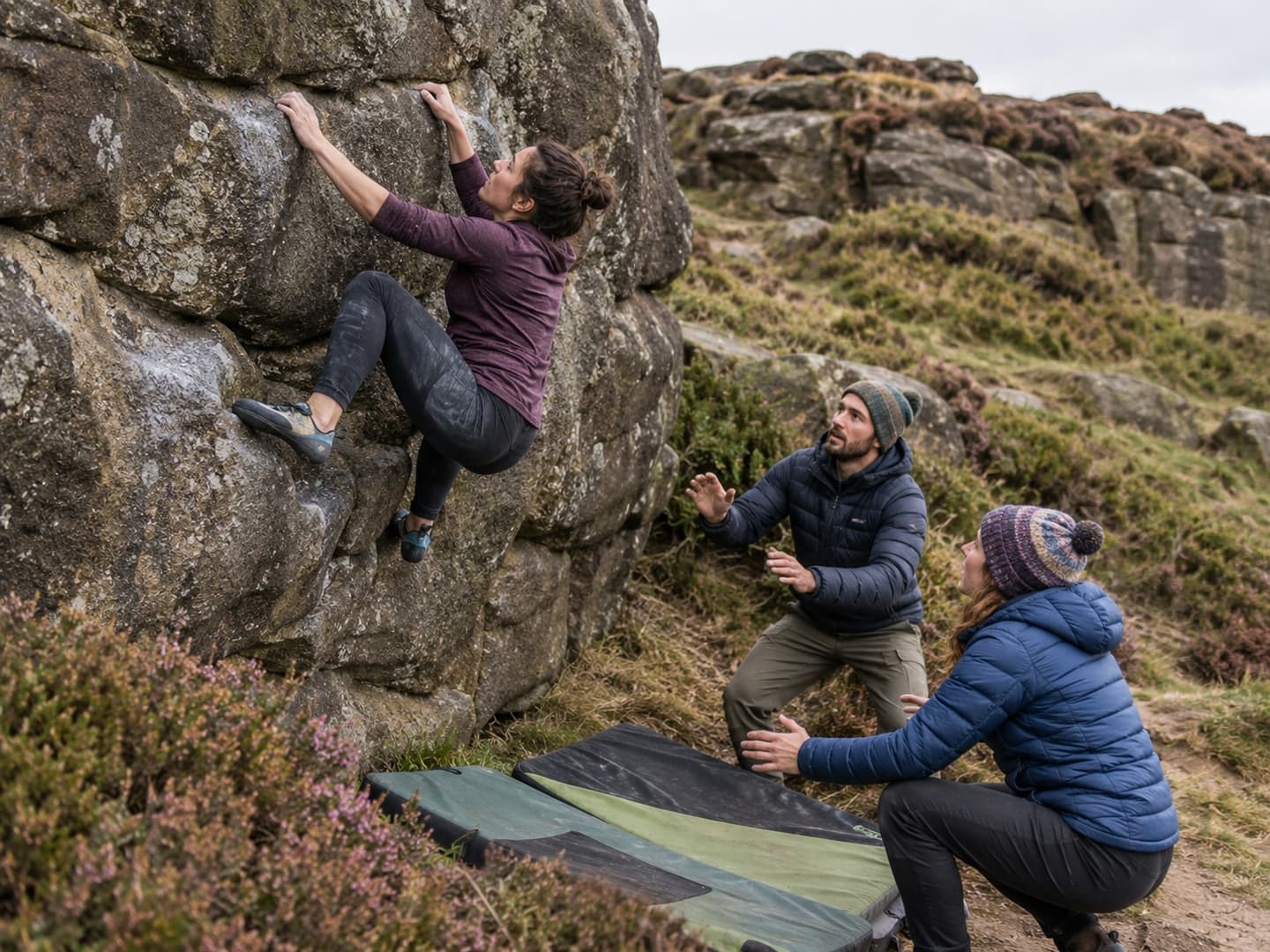 A climber on a gritstone boulder with friends spotting beside open crash pads